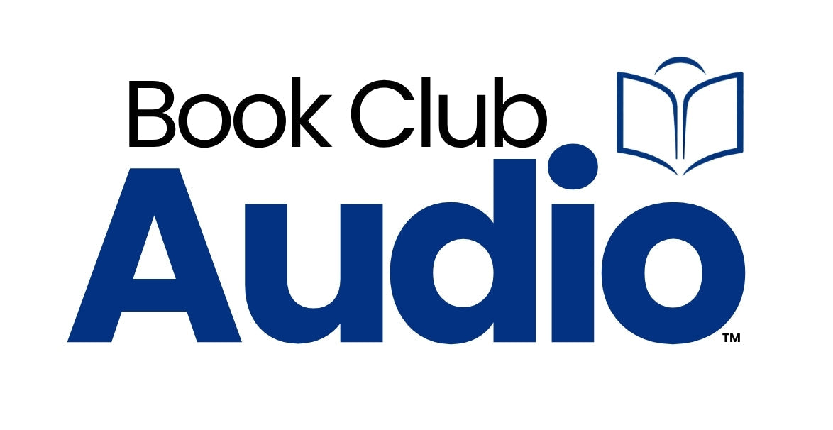 Book Club Audio logo with blue and black text on a white background