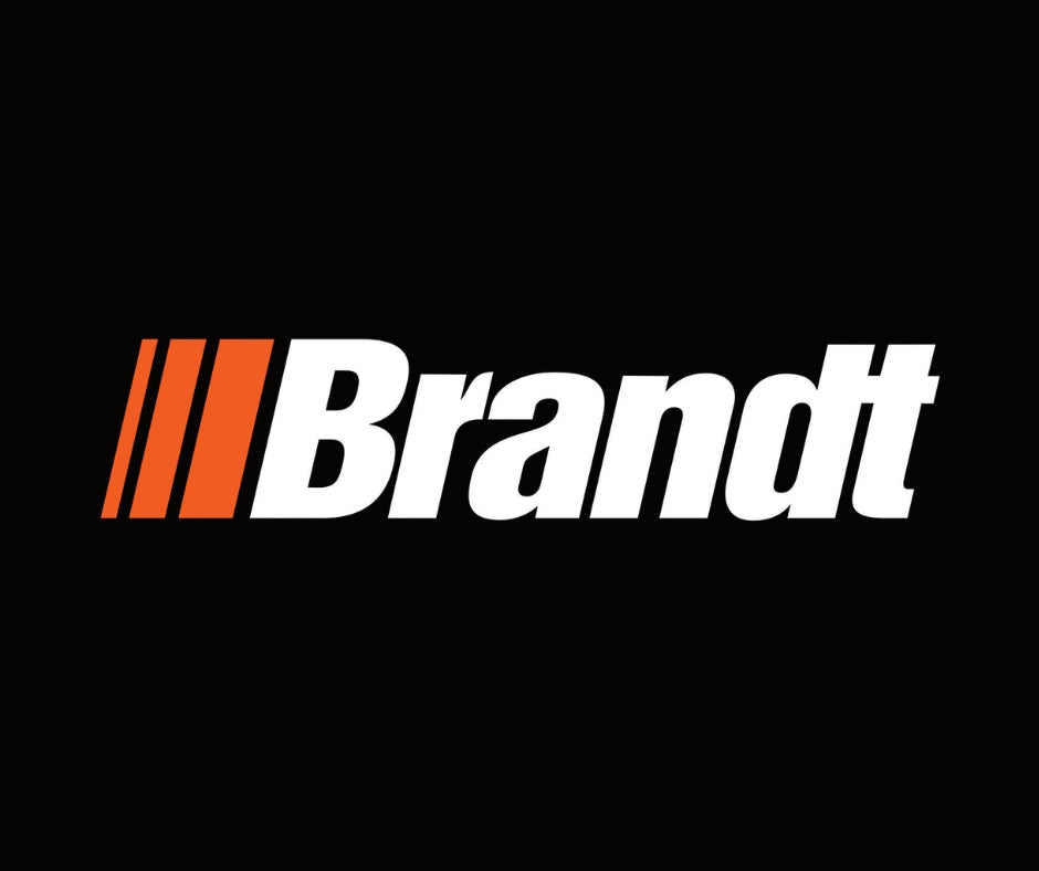 Brandt logo with orange and white design on a black background