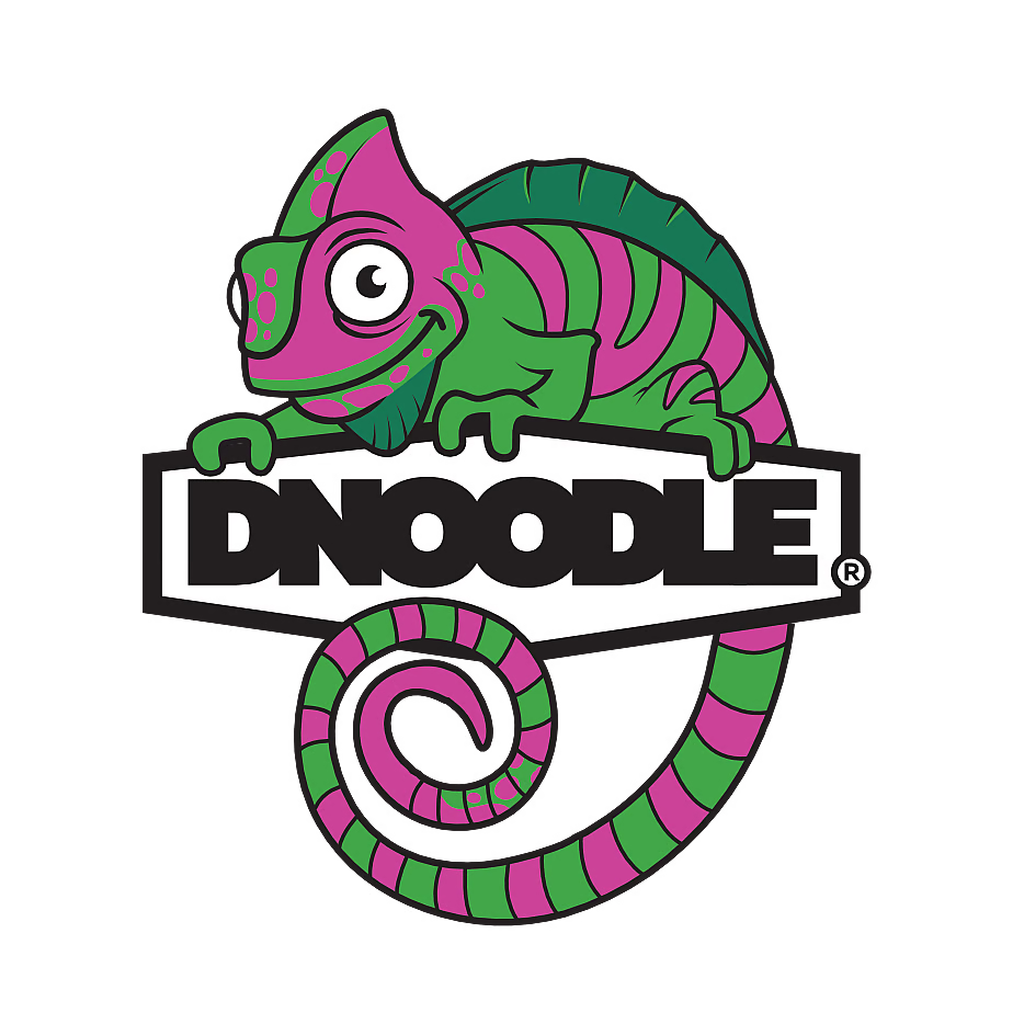 Dnoodle Logo - Green and Pink on Black Background